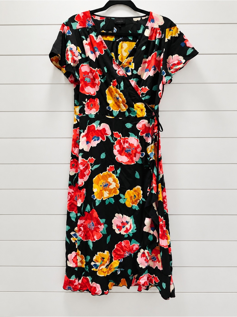 Who What Wear Black Floral Wrap Dress with Red, Yellow & Pink Blooms